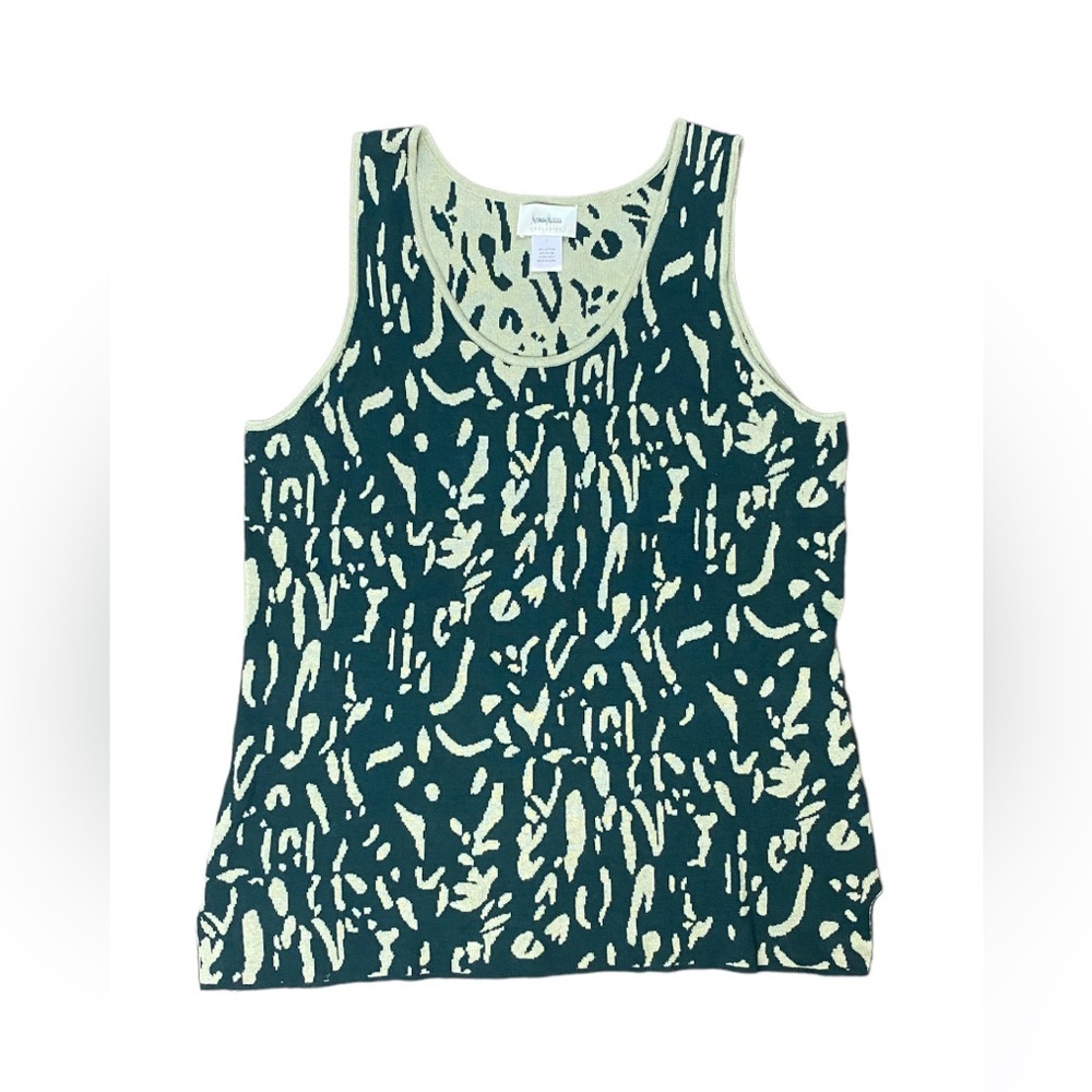 Neiman Marcus Dark Green/Light Green Print Cotton Blend Sweater Tank Top